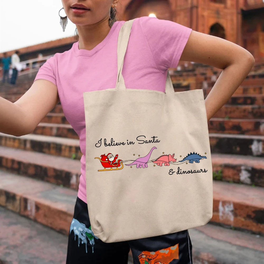 I Believe in Santa and Dinosaurs Women Handbags Funny Xmas Christmas Santa Tote Bag Dinosaur Lover Women Handbag Christmas Vibes