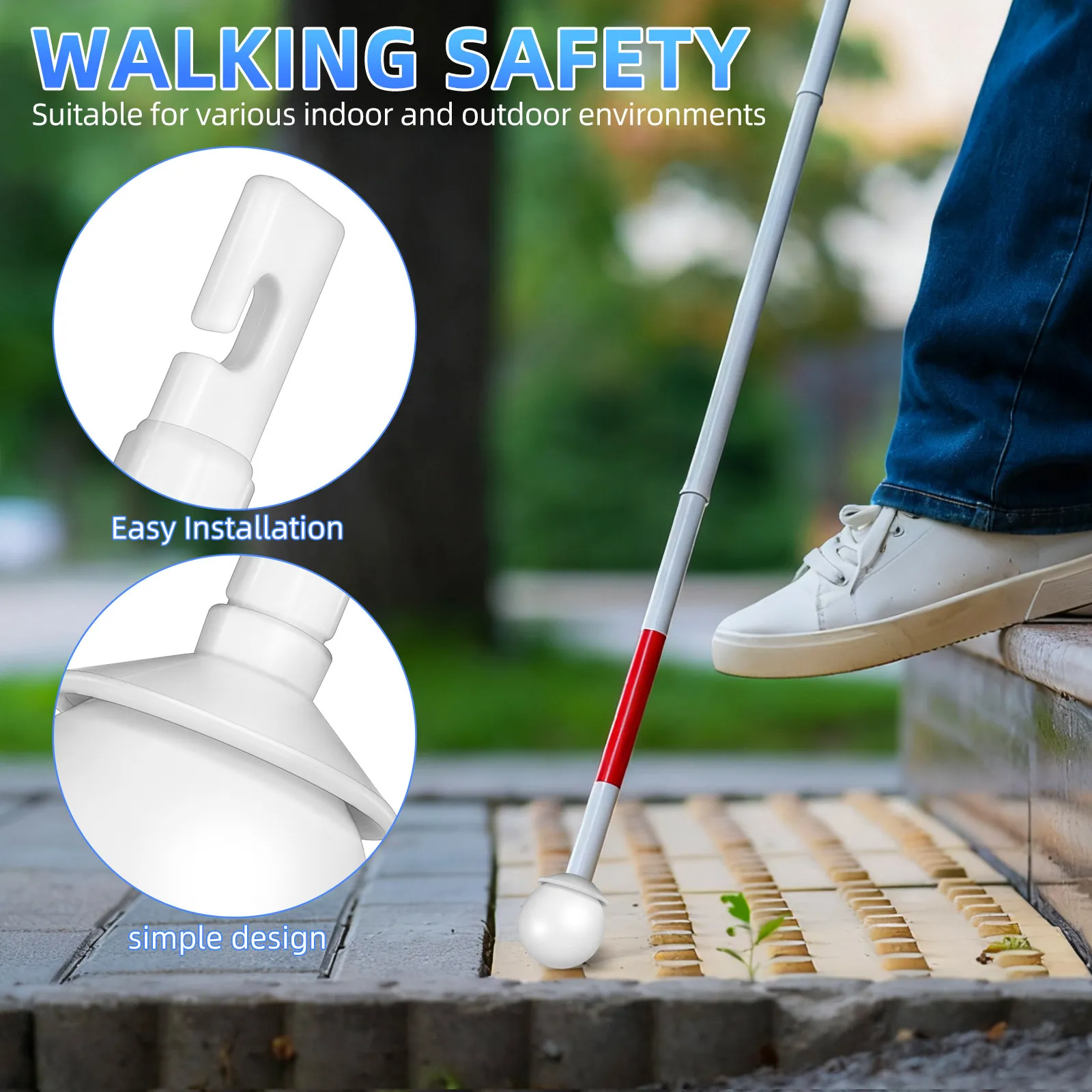 White Rolling Hook Type Cane Tip for Blind Stability Blind Walking Protection Rolling Ball Cane Tip Assistive Protection Walking