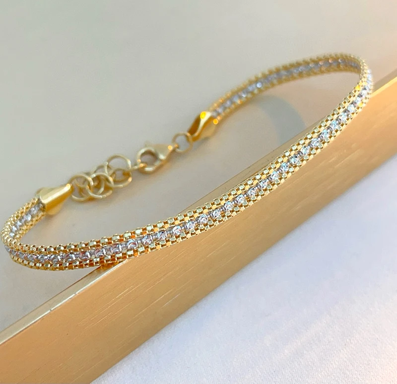 LUOWEND 100% 18K White+Yellow Gold Bracelet Luxury Shiny Design Fashion Style Engagement Bracelet for Women High Party Jewelry