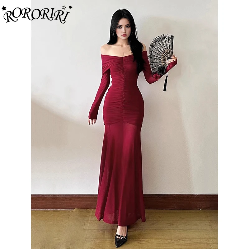 

RORORIRI Off Shoulder Ruched Long Evening Dress Women Sexy Sheer Mesh Stretchy Long Sleeves Fishtail One-piece Formal Party Gown