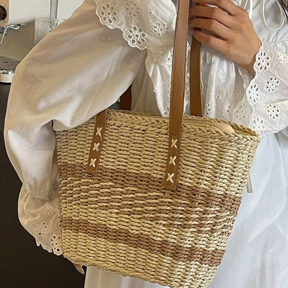 

Fashion Straw Ladies Woven Handbag High-capacity Stripe Tote Top-Handle Bags Shoulder Bags Holiday Beach