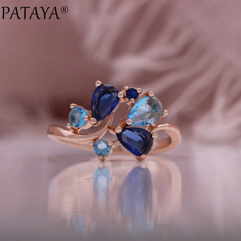 PATAYA Blue Leaf Shaped Micro Zirconia Earrings Ring Fashion Set 585 Rose Gold Color Jewelry Daily Fine Women\'s Set