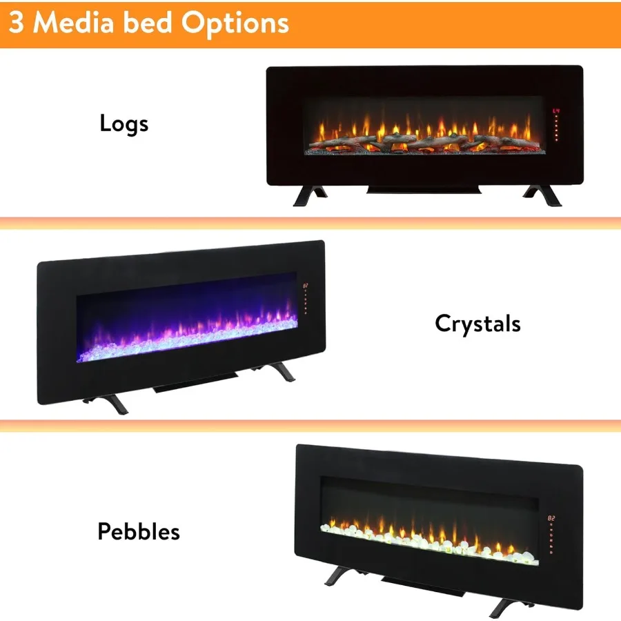 48 Stufa per camino elettrico in vetro curvo con retroilluminazione per soggiorno, montaggio a parete o design da tavolo, fiamma regolabile ed E