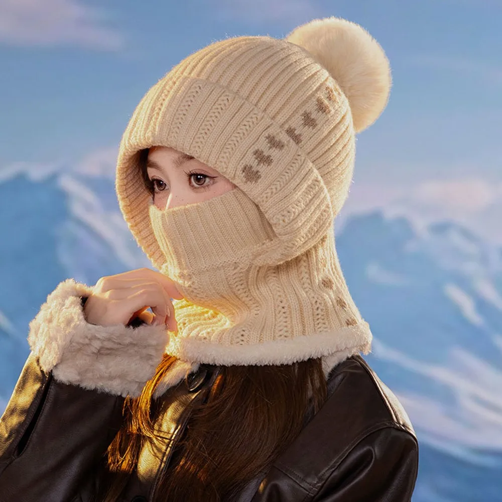 

Cute Plus Plush Hats Scarf Set Warm Windproof Beanie Hat Double Layer Ear Protection Hat Women