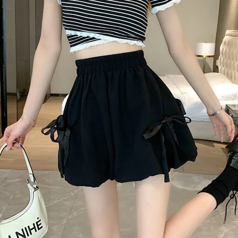 Sweet Fashion Losse Bloeiers Shorts Vrouwen Strik Hoge Taille Zomer Preppy Stijl Witte Korte Broek Koreaanse Casual All Match Effen Shorts