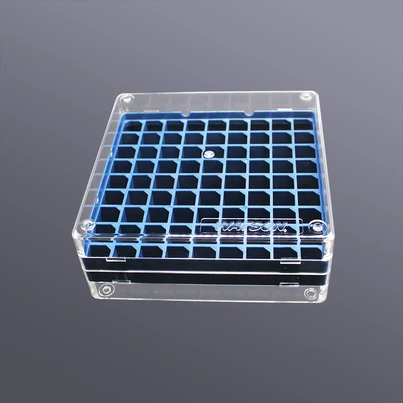 Watson 1577-850B Caja de congelador de laboratorio Estante de tubos Azul PCR de polipropileno de 81 pocillos puede acomodar crioviales de 2 ml o menos
