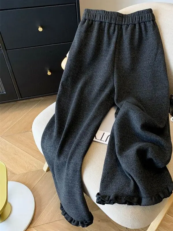 Thickened Woolen Wide Leg Pants Women's High Waist Elastic Pocket Pure Color Korean Style Commute Straight Cut Trousers