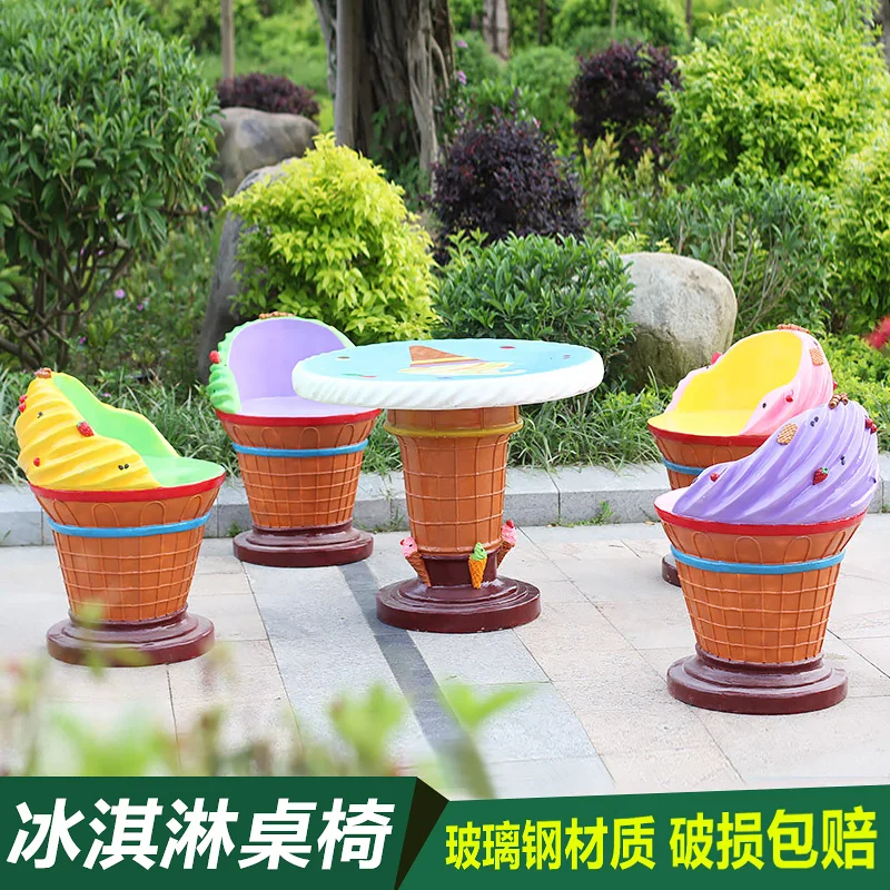 

Outdoor park fiberglass seat cartoon sculpture decorative garden landscape creative ice cream table and chair ornament