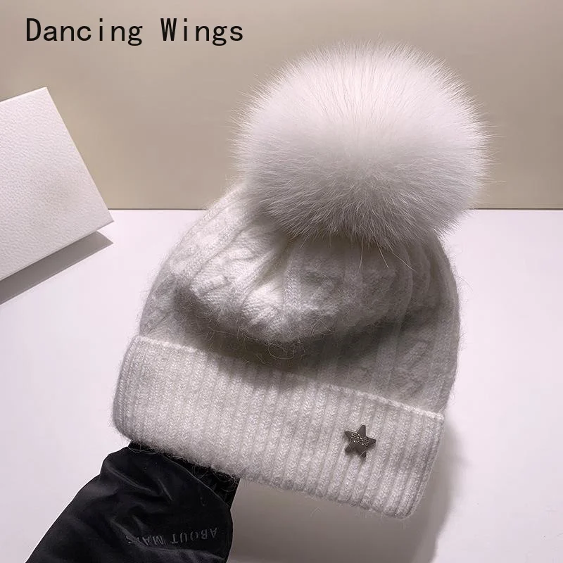 

Knitted Beanie Cap Women Man Casual Thick Warm Knitting Skullies Hat Real Fox Fur Pom pom Gorros