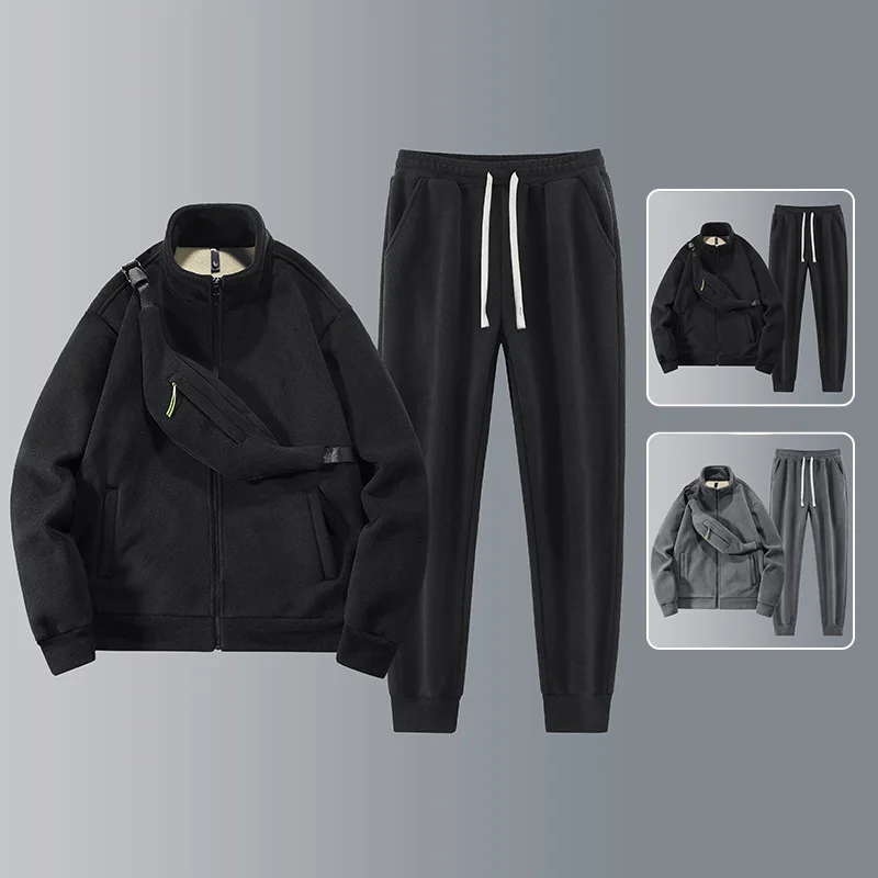 2pcs Men's Autumn/Winter Fashion Casual Jacket Pants Set Season New Style Shake Fleece Thickened Warm Loose