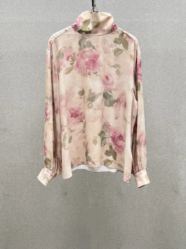 Floral print high-neck top, 2026 autumn new style, high-quality, luxurious and elegant, versatile women's long-sleeved top