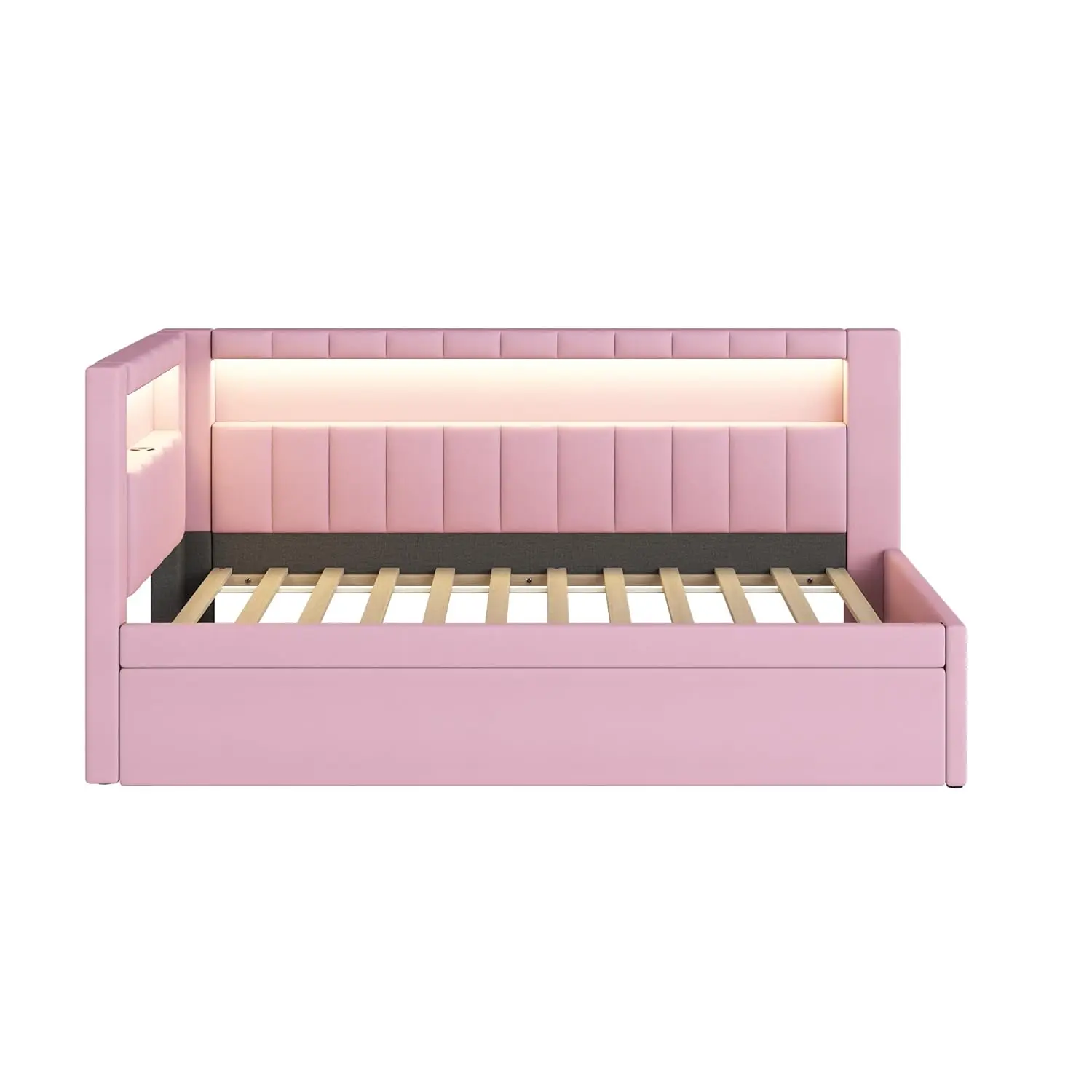 سرير نهاري منجد بحجم مزدوج مع دولاب، وإطار سرير نهاري مع منافذ USB للوح الأمامي على شكل حرف L وحزام LED، بدون صندوق زنبركي N