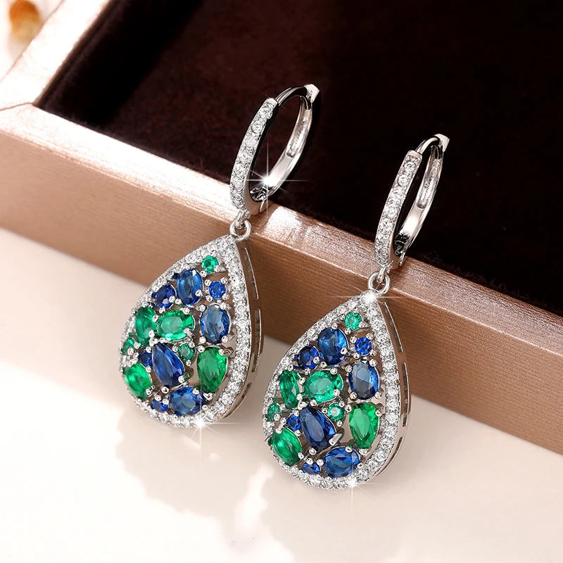 Huitan Vintage Women Drop Earrings with Blue/Green Cubic Zirconia Temperament Female Ear Accessory for Party Anniversary Jewelry