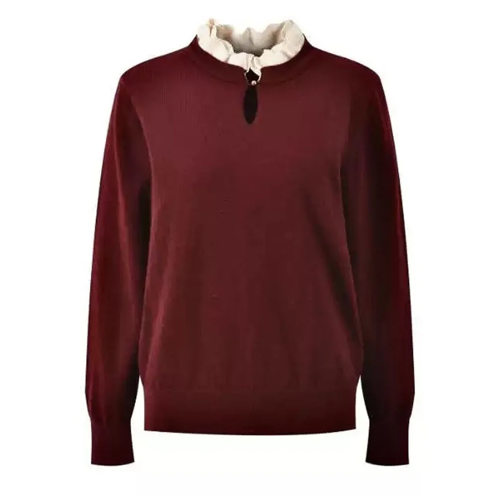 Sweter damski MaSandeS, dzianinowy, imitacja dwuczęściowego, ozdobny kołnierzyk, miękki sweter, casualowy, jasny, z detalami z efektu przetarcia.