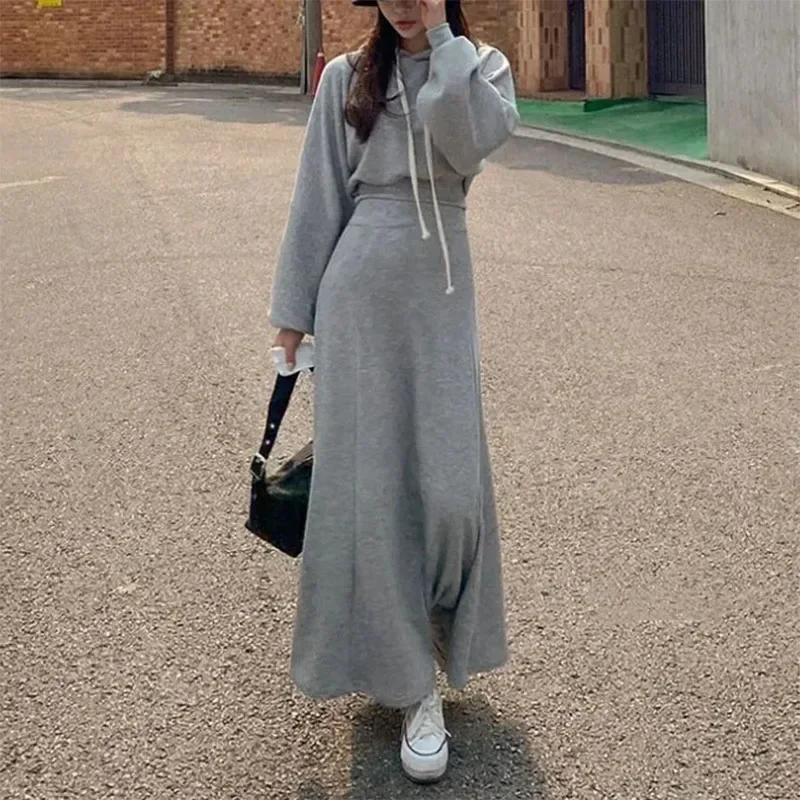 Women Dress Sets Hoodies+High Waist Long Skirt 2Pcs Suit Solid Color Spring Autumn Fashion Streetwear Female Casual Outfits