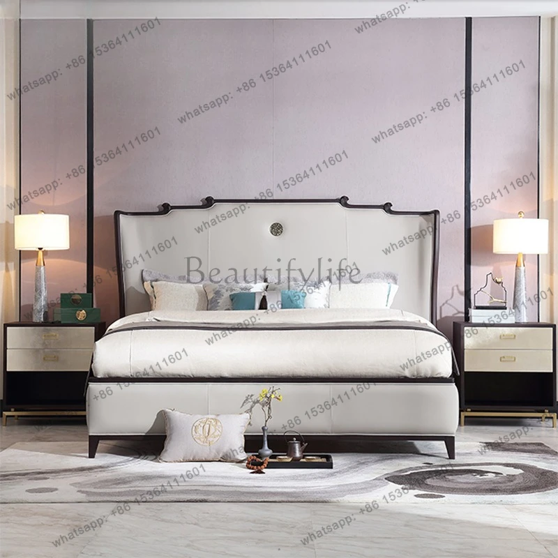 New Chinese light luxury all solid wood leather double bed wedding bed 1.8 meters bedroom modern and simple