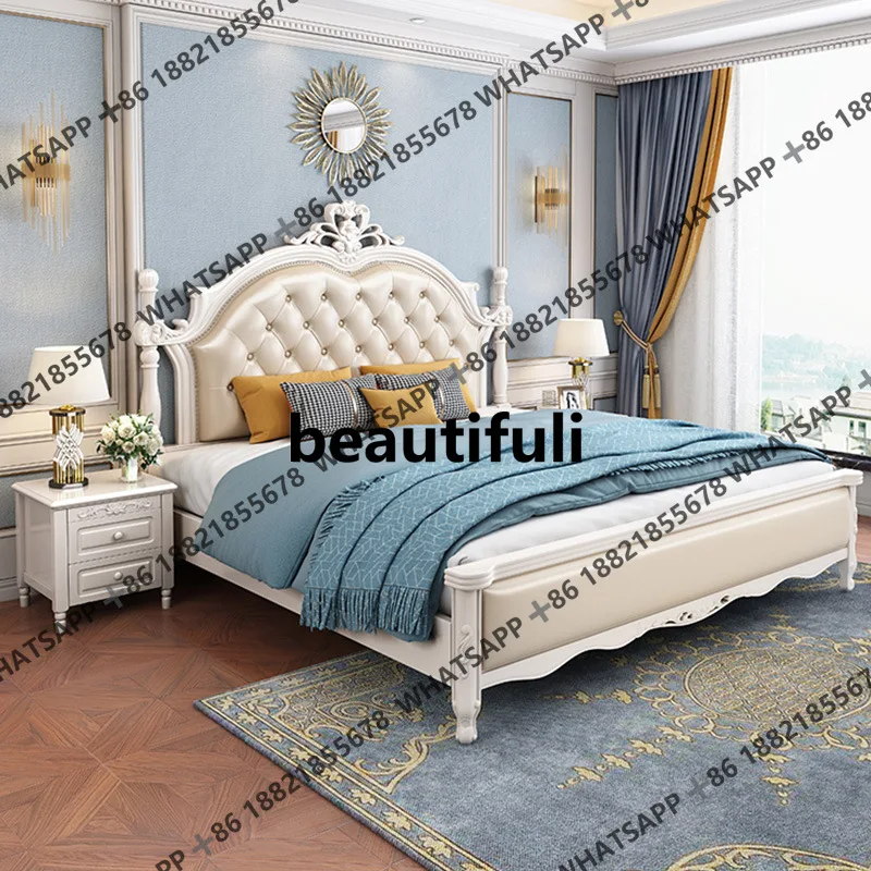 

Белая двуспальная кровать из массива дерева с простым резным рисунком, свадебная кровать для хранения вещей в главной спальне.