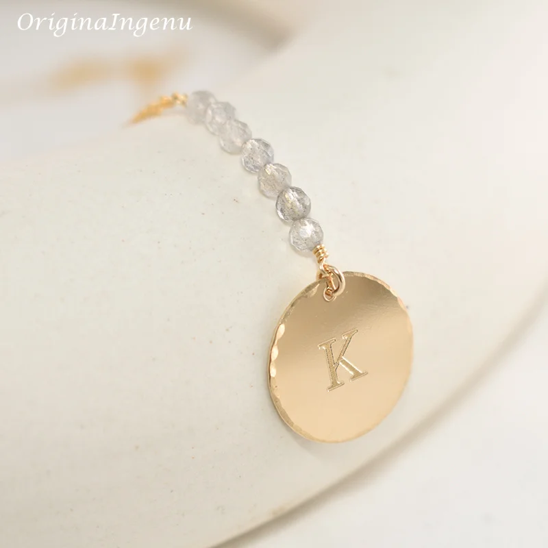 Natural Moonstone Necklace Coins Jewelry Hammered 14K Gold Filled Letter Choker Pendants Collier Kolye Jewelry Name Necklace