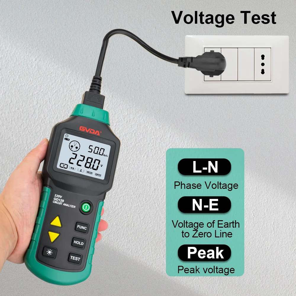 Imagem -02 - Gvda-professional Circuit Analyzer Detecção de Curto Circuito Lcd Elétrica Tomada Tester Linha Falha Rcd Tensão Gfci Medidor