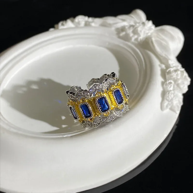 MDL Moissanite Style Wide Italian Vintage Court Emerald Ring Premium Feeling Woven Carved Gold Lace Open Ring