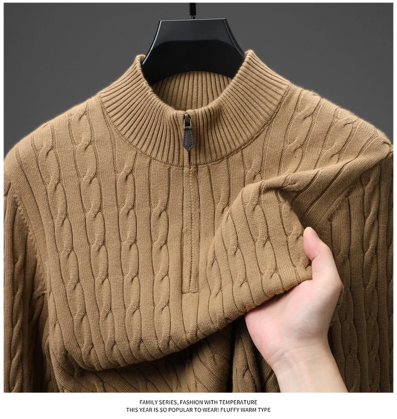 Good Retro Twisted Pure Cotton Warm Knit Polo Men Autumn Winter Thick Zipper Sweater Long Sleeve 100% Cotton Knitting Clothes