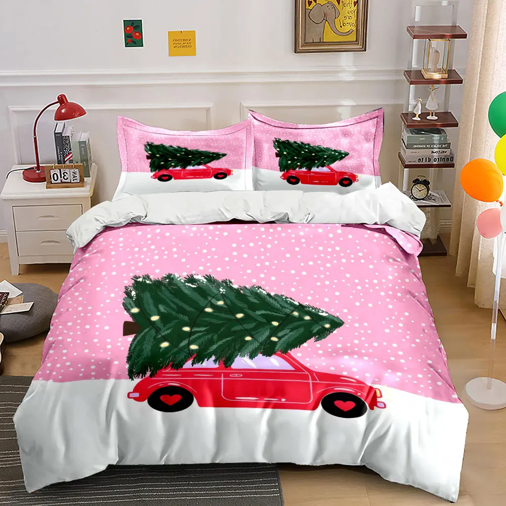 A red car carrying a lit Christmas tree in snowy scenery Print Duvet Cover Bedding Set Included 1*Duvet Cover 2*Pillowcases