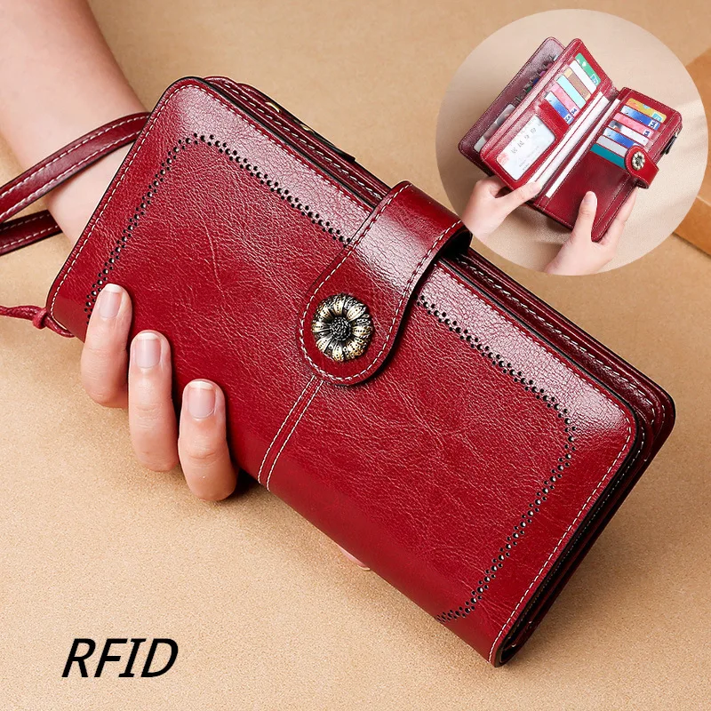 

Card Holder Split Leather Wallet Women RFID Long Ladies Cow Leather Purse Large Capacity Female Wallets Big Cowhide Phone Bag