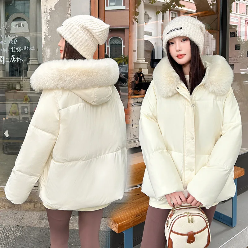 

Women Fur Hooded Thick Parkas Zipper Button Loose Coats Casual Solid Jackets Pockets Elegant Jacket Warm Autumn Winter 2025