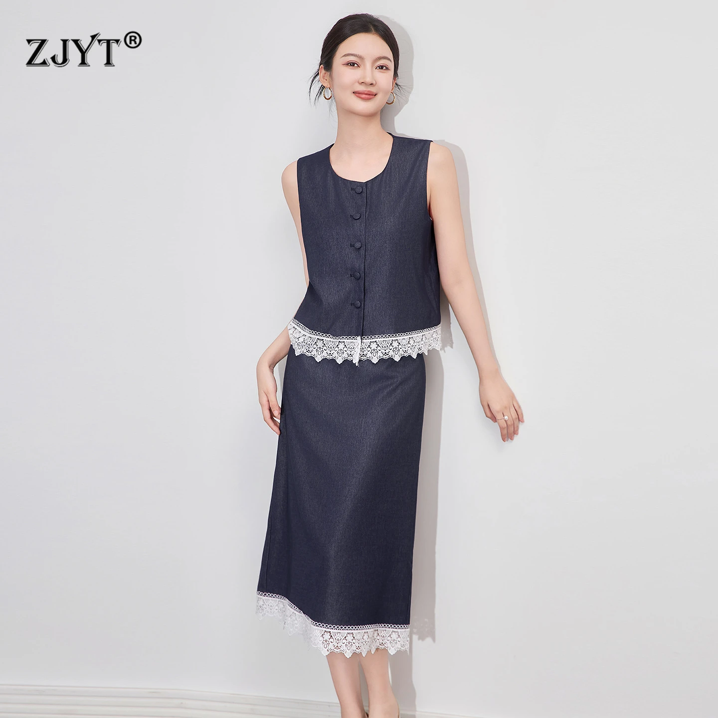 

ZJYT Fashion Summer Women's Lace Patchwork Sleeveless Denim Top and Skirt Suit Two Pieces Matching Set Womens Outfit Blue