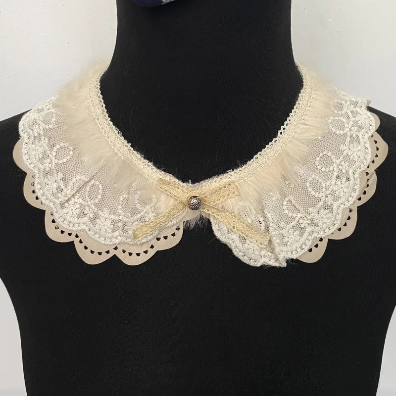 Multi-layer Lace Tie Floral Faux Leather Fur Fake Collars for Women Handmade Warm Detachable Collar Lady Shawl Fashion Necklace