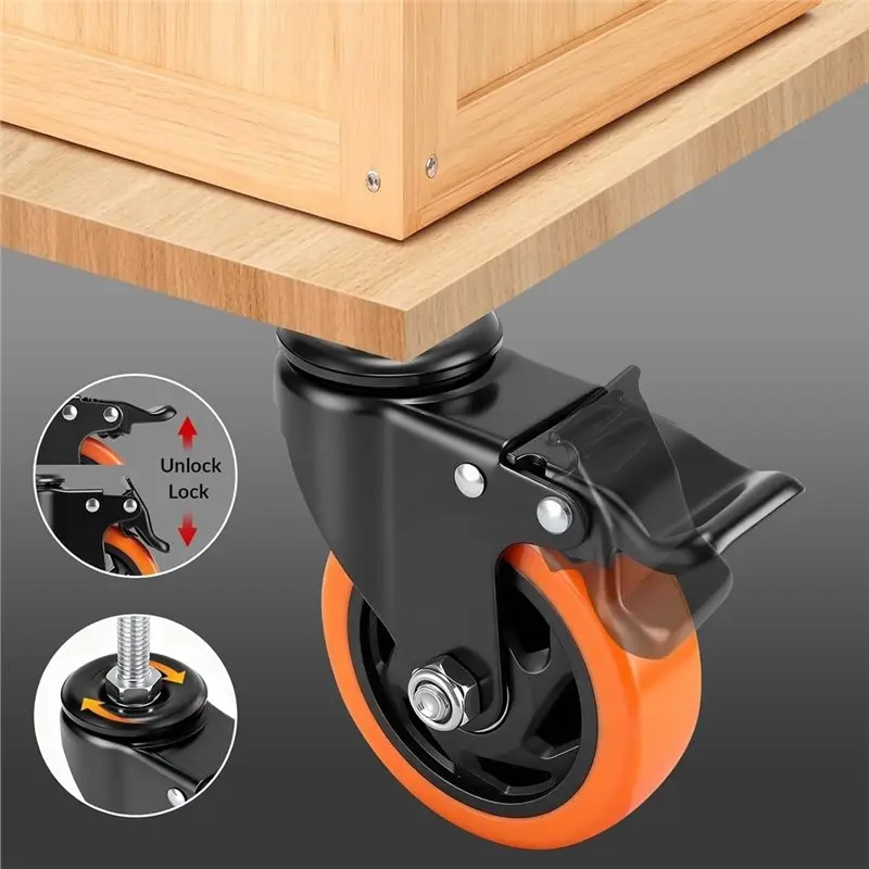 ABMH-Casters Threaded Stem 4 Inch Heavy Duty Caster Wheels With Brake 1/2