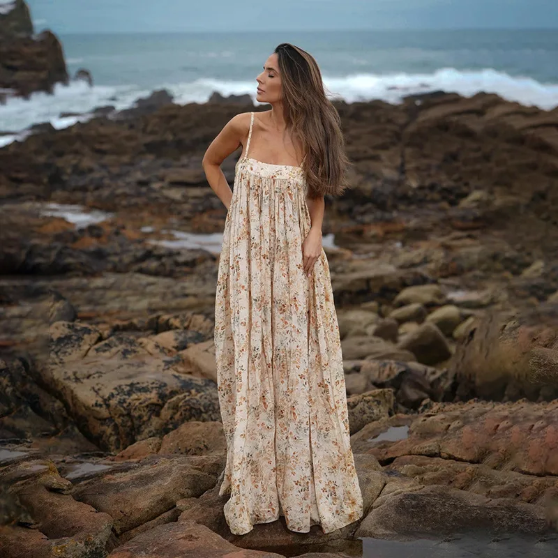 

Yj25205 Long Printed Vacation Dress 2025 Summer New Elegant Plus Size Strap Dress 2025 Summer Dress Robe Vestido Women Party