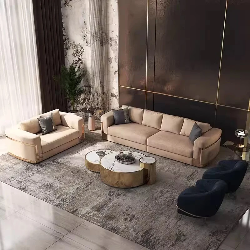 

Italian style light luxury modern simple leather sofa set matte fabric new style large apartment villa wood sponge