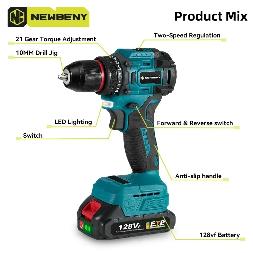 NEWBENY 10mm Brushless Electric Drill Screwdriver 21+2 Torque Cordless DIY Household Drill Tool For Makita 18V-21V Battery