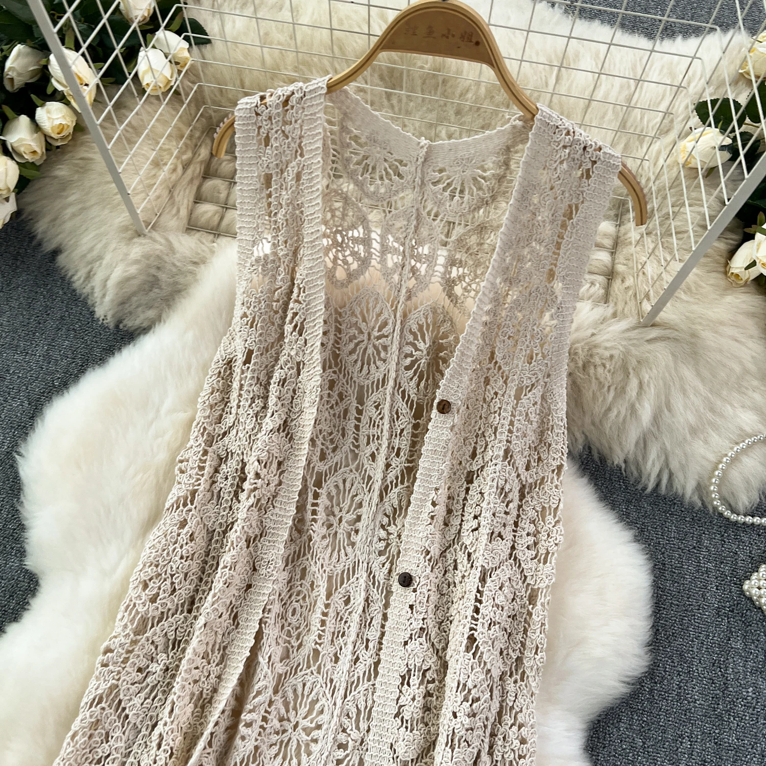 Longline Crochet Cardigan Button Front Sleeveless Sheer Open-knit Long Cover-up Jacket Women Summer Beach Vacation Outfit