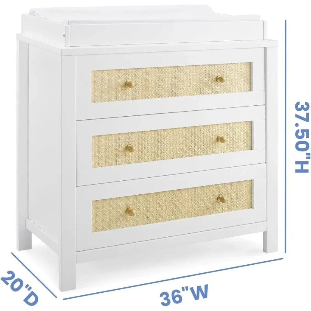 3 Drawer Dresser with Changing Top and Interlocking Drawers, Bianca White/Textured Almond For Kids