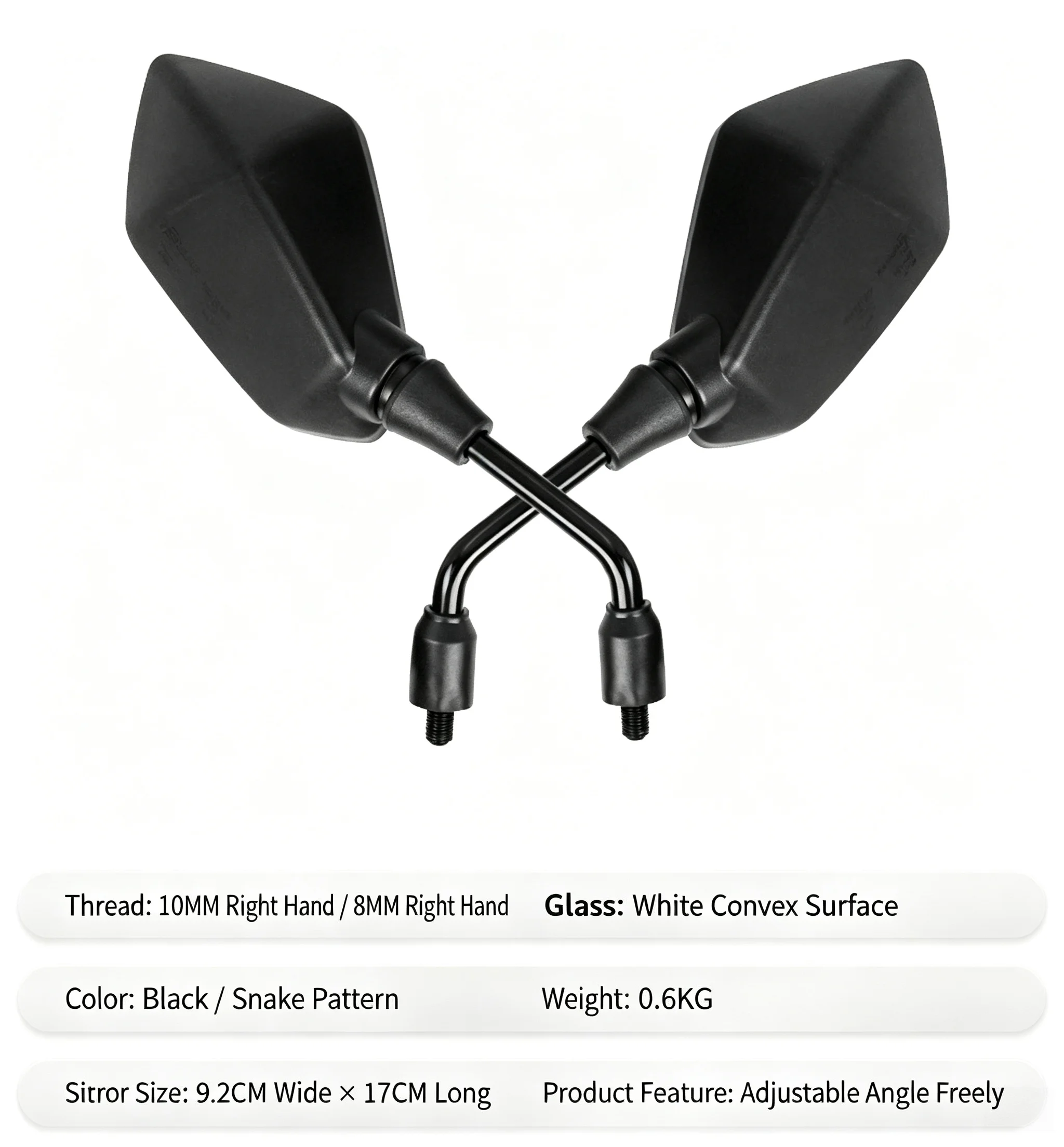 Motorcycle Electric Scooter Diamond Rearview Mirror Wide Vision Convex Side Mirror 8mm 10mm Positive Thread 360 Degree Adjust