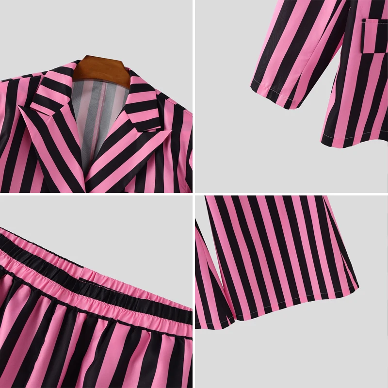 INCERUN أطقم رجالية مخططة بأكمام طويلة سترة مزدوجة الصدر وسراويل مضيئة طقم مكون من قطعتين ملابس خروج عصرية للرجال بدل غير رسمية #6