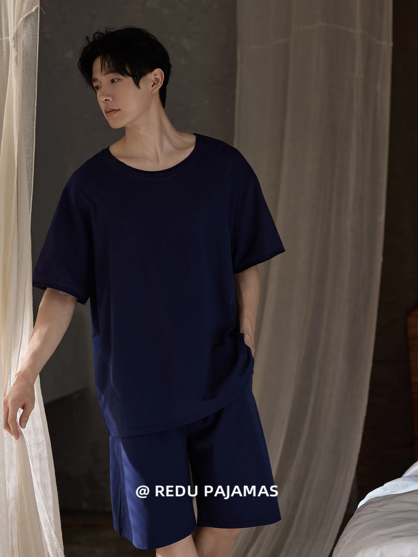 blue-cotton-sleepwear-set-men's-summer-short-sleeve-shorts-home-clothes-soft-breathable-loose-fit-round-neck-home-comfortable