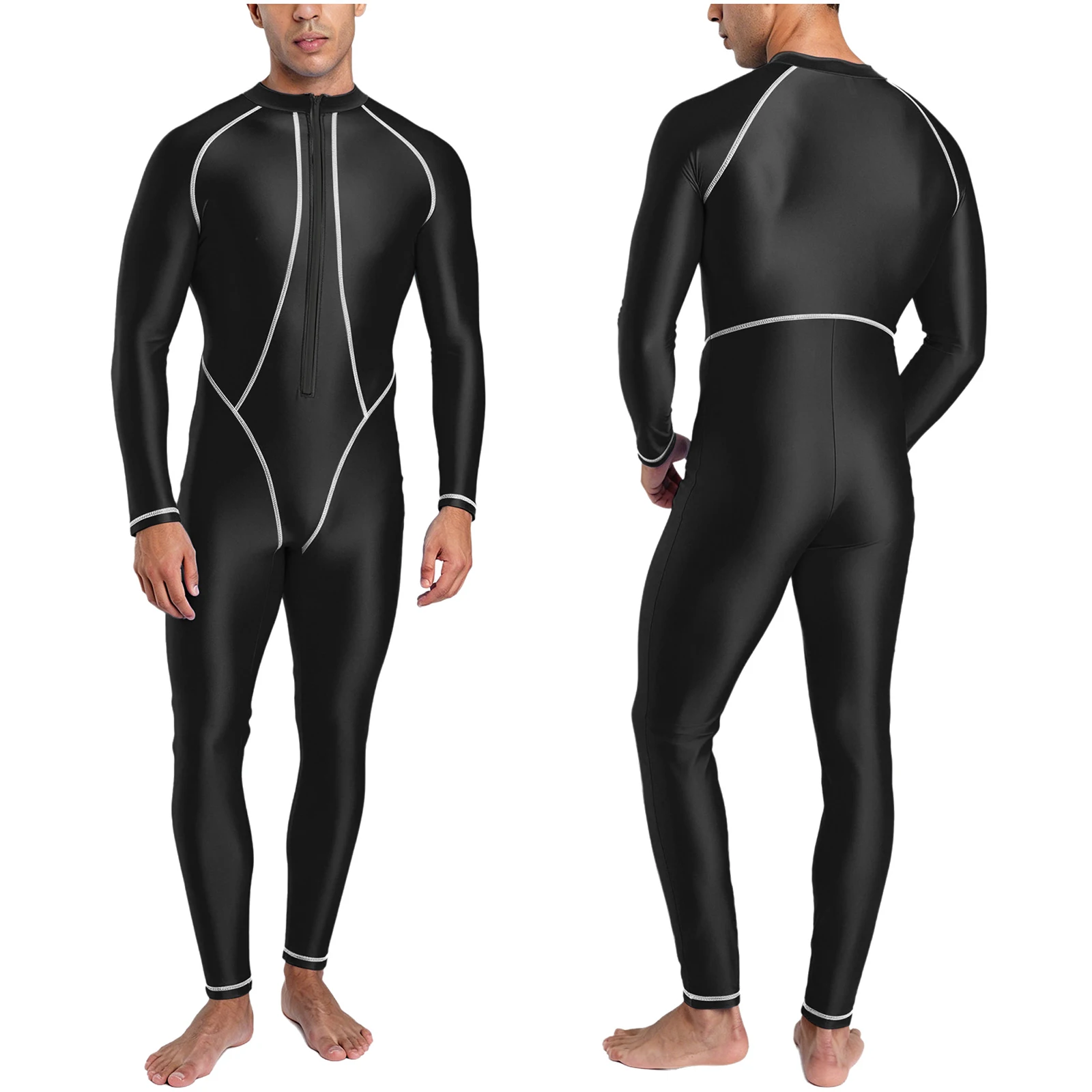 Men Full Body Rash Gaurd One Piece Bathing Suit Glossy Front Zipper Long Sleeve Unitard Wetsuit Swimming Swimsuit Surfing Diving