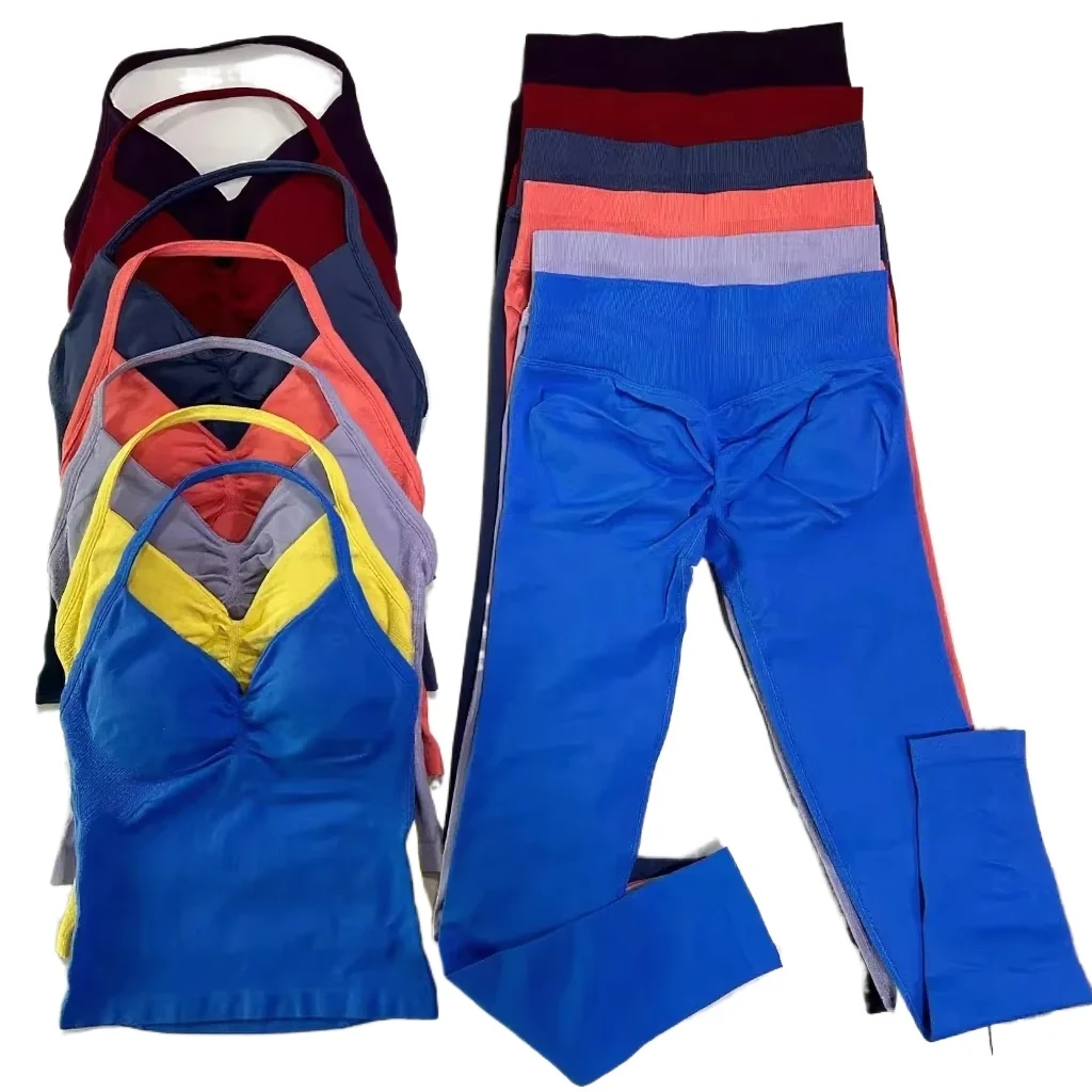 

Комплект из 2 предметов для йоги, женские леггинсы для тренировок в тренажерном зале и майка для шеи, бесшовный комплект для йоги и фитнеса, одежда для пилатеса, спортивная одежда для тренировок