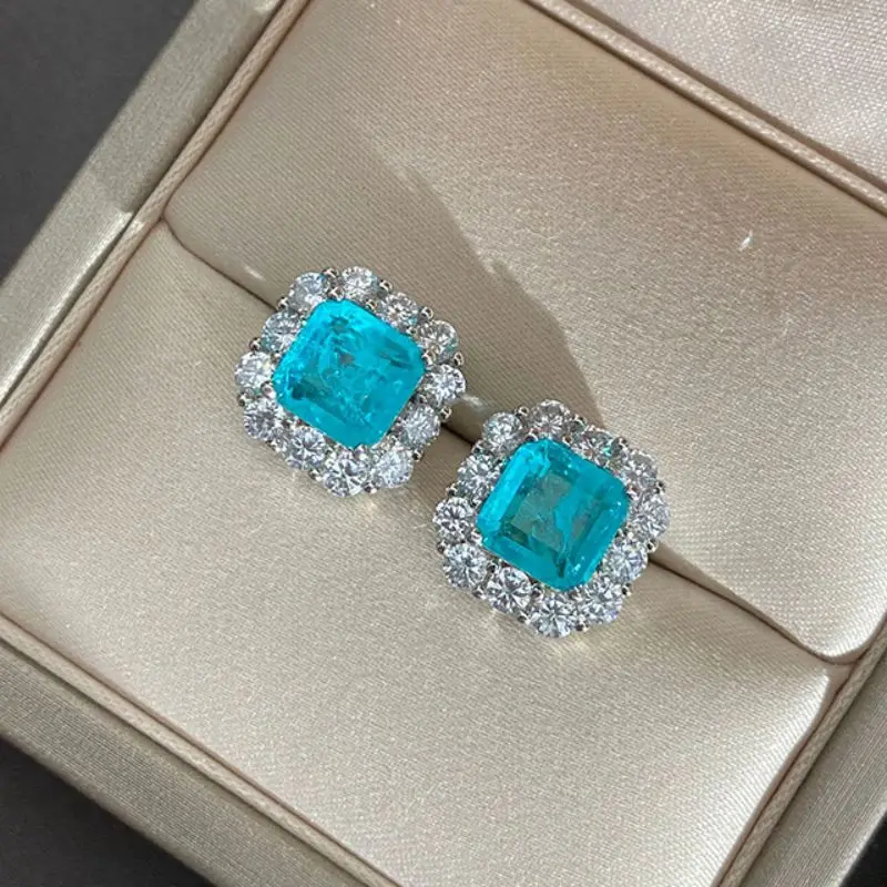 Orecchini a bottone con zirconi cubici Paraiba blu taglio principessa quadrato in argento Sterling 925 per regalo di gioielleria raffinata da donna all'ingrosso