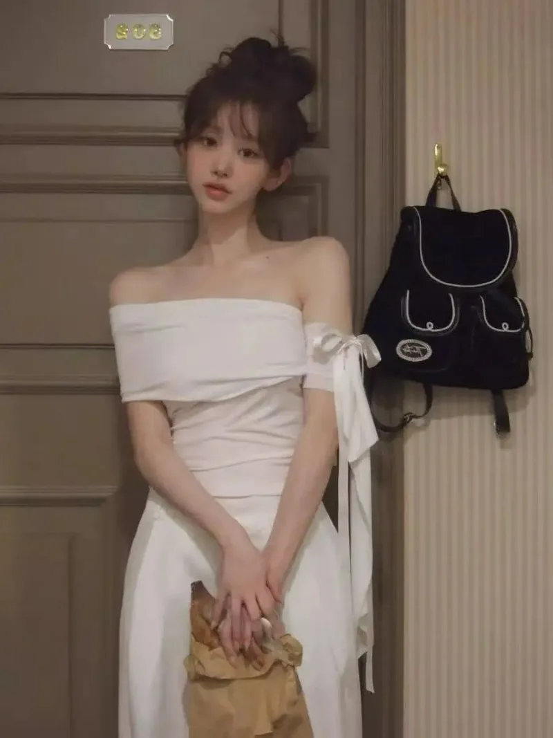 Korean Fashion Irregular Slanted Shoulder Oversized T Shirt Women Personalized Slim Female T-shirt Short Sleeve Womens Clothing