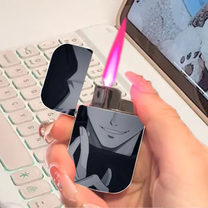 Jujutsu Kaisen Gojo Satoru Cartoon Personality Pink Flame Metal Lighter Creative Anime Flip Windproof Cigarette Lighter Gift