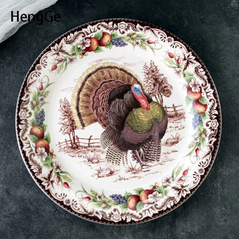 American Style Turkey Color Painting Ceramic Plate Creativity Dinning Room Decoration Spaghetti Diner Plate Western Tableware