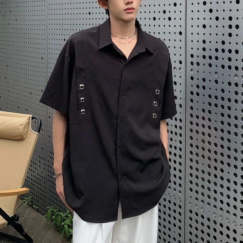 

Korean Style Summer Slim Men's Solid Color Turn Down Collar Patchwork Rivet Single Breasted Loose Casual Short Sleeve Shirt Tops