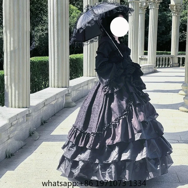 Women Vintage Palace Lolita Dress Sweet Princess Square Collar Lace Bowknot High Waist Long Victorian Gothic Dress Girl Black