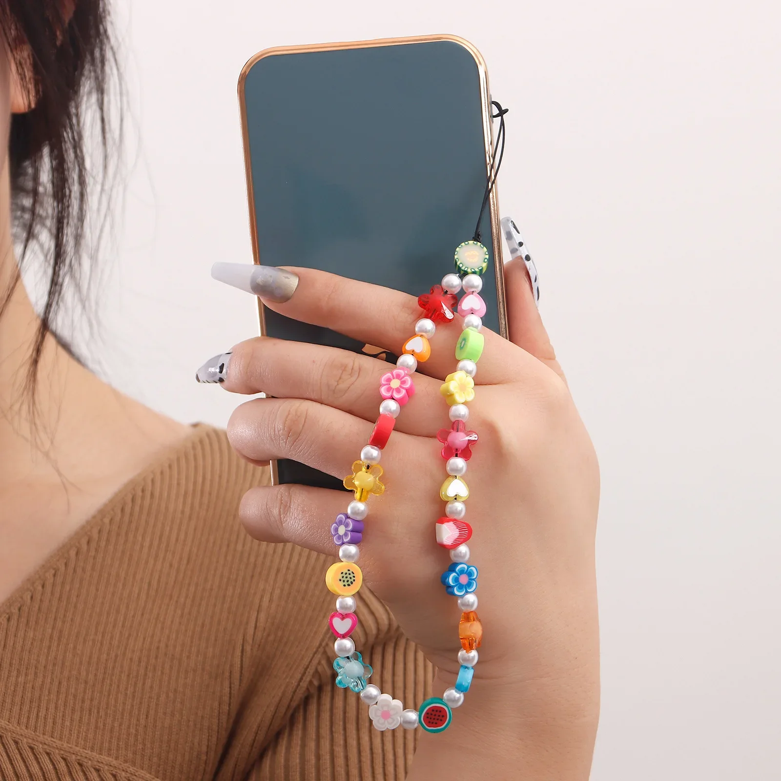 Colorful Beaded Mobile Phone Lanyard Wrist Strap Flower Cute Phone Strap Charm Decoration for Keychain Phone Bags Accessories