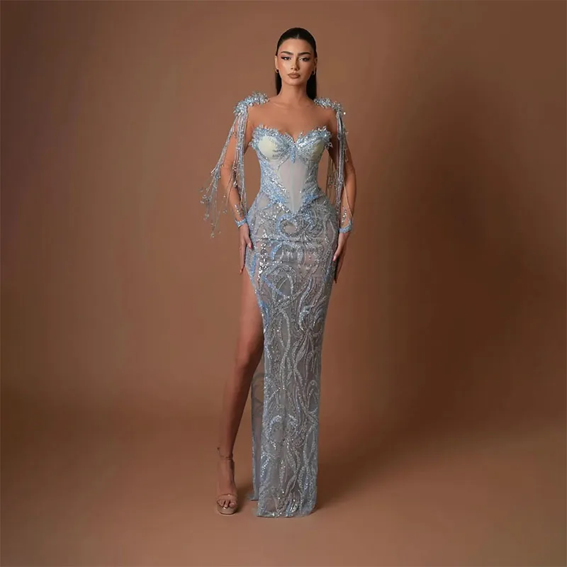 Sexy Mermaid Prom Dresses, Sweetheart Sequins, Sem mangas, Borlas Apliques, Side Slit, Custom Made, Vestido de festa