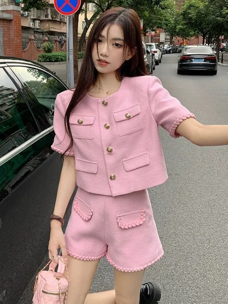 High Street French Elegant Fashion Small Fragrance Two Piece Set Women Short Jacket Coat + Short Sets Summer 2-częściowe zestawy spodni